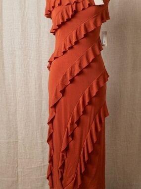Asymmetric Ruffle Maxi Dress in Burnt Orange